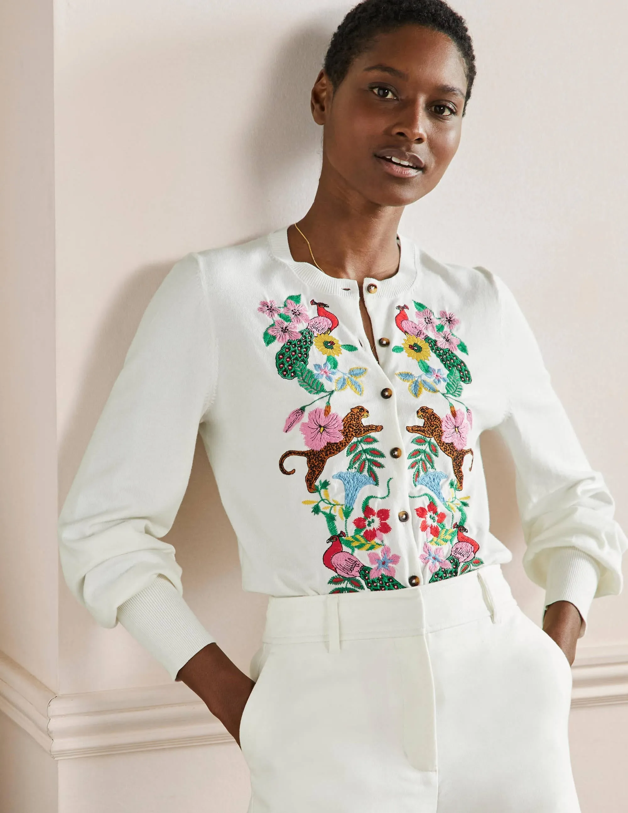 Embroidered Blouson Cardigan-Ivory