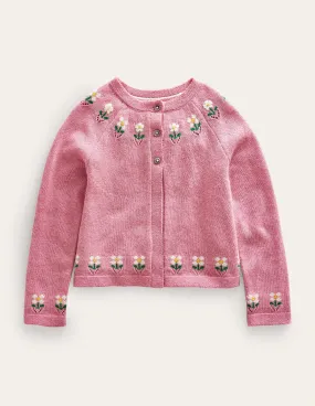 Embroidered Flower Cardigan-Almond Pink Marl