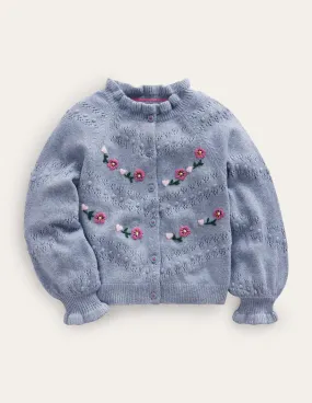 Embroidered Frill Cardigan-Pebble Blue