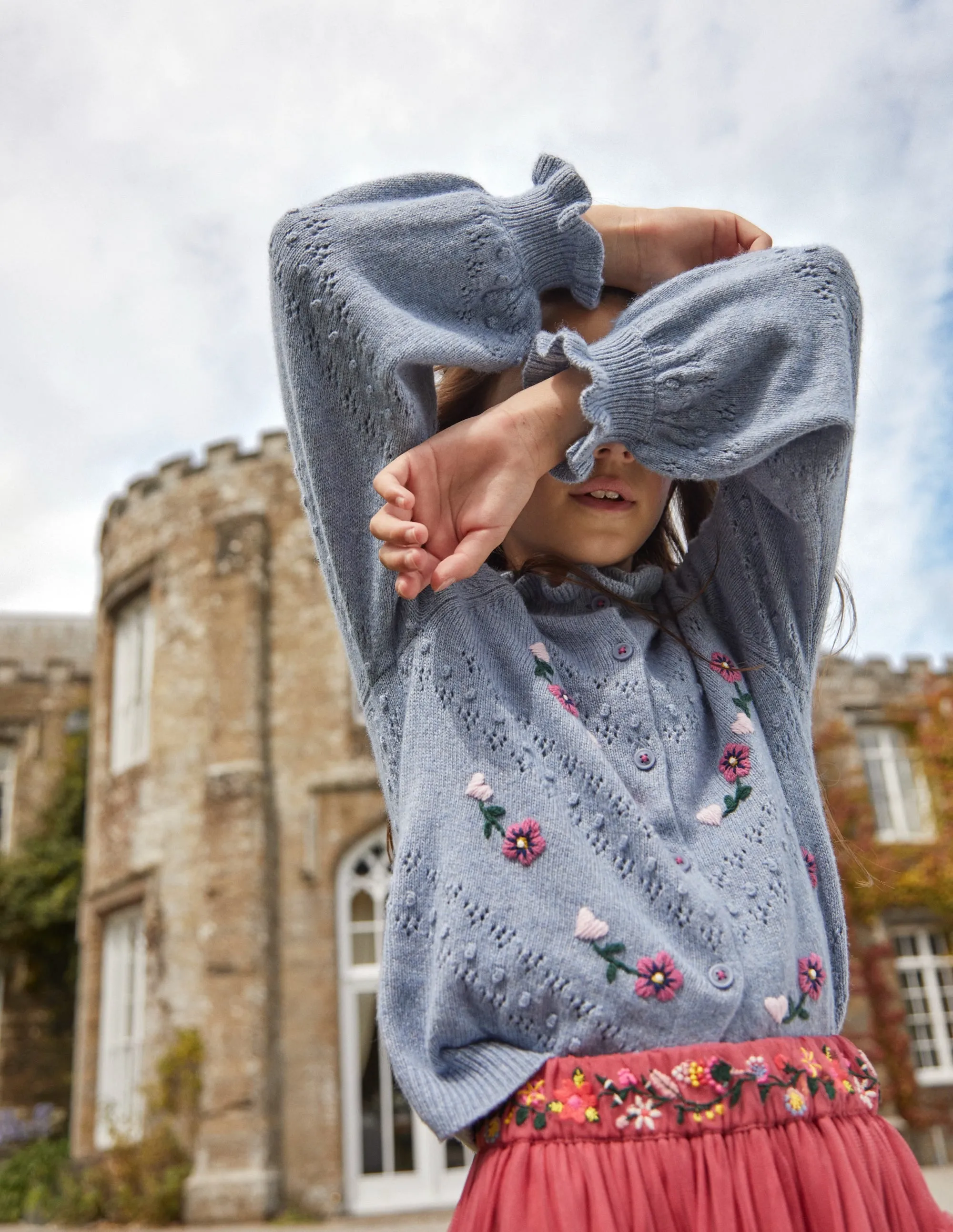 Embroidered Frill Cardigan-Pebble Blue