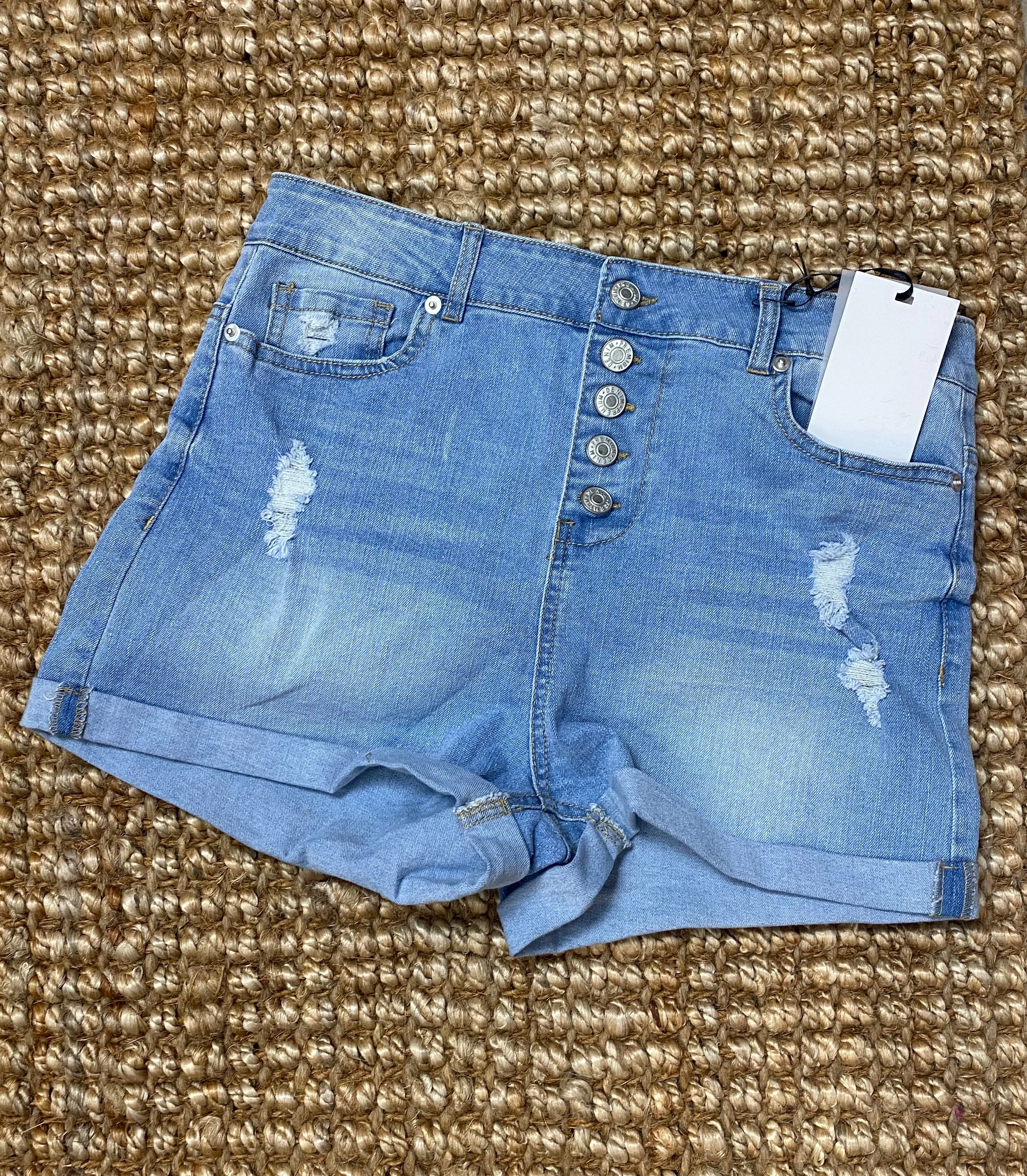 Felicia Light Blue Semi Distressed High Waisted Shorts