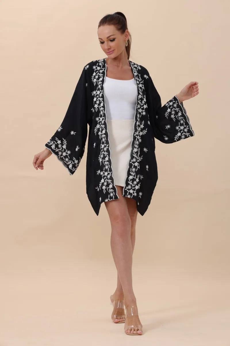 Floral Embroidered Open Front Kimono Cardigan – Lightweight