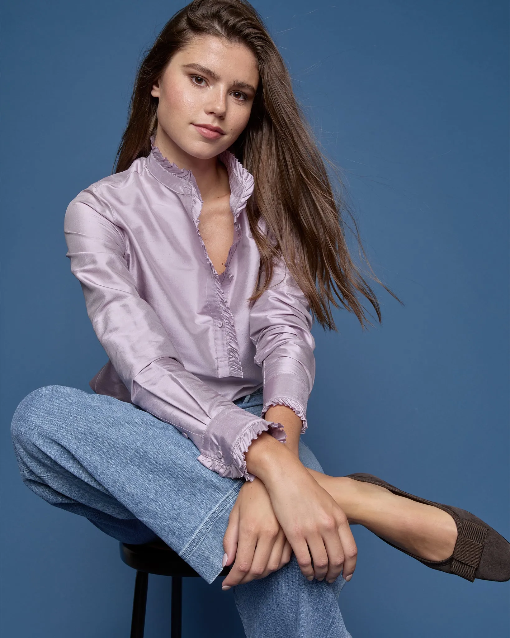 Frill Shirt in Lilac Silk Shantung