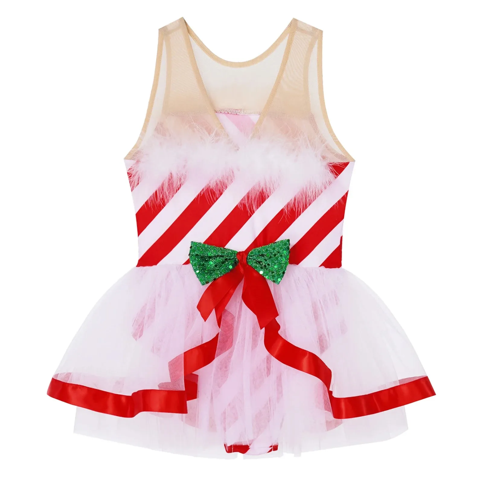 Girls Candy Cane Costume Pageant Party Fluffy Stripe Ballet Dance Leotard