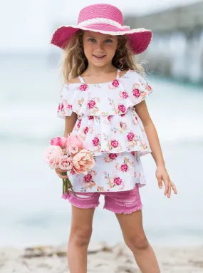 Girls Flower Blossom Ruffled Top and Denim Short Set