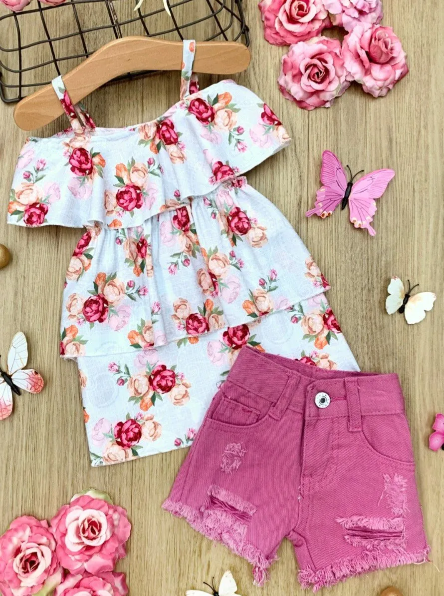 Girls Flower Blossom Ruffled Top and Denim Short Set