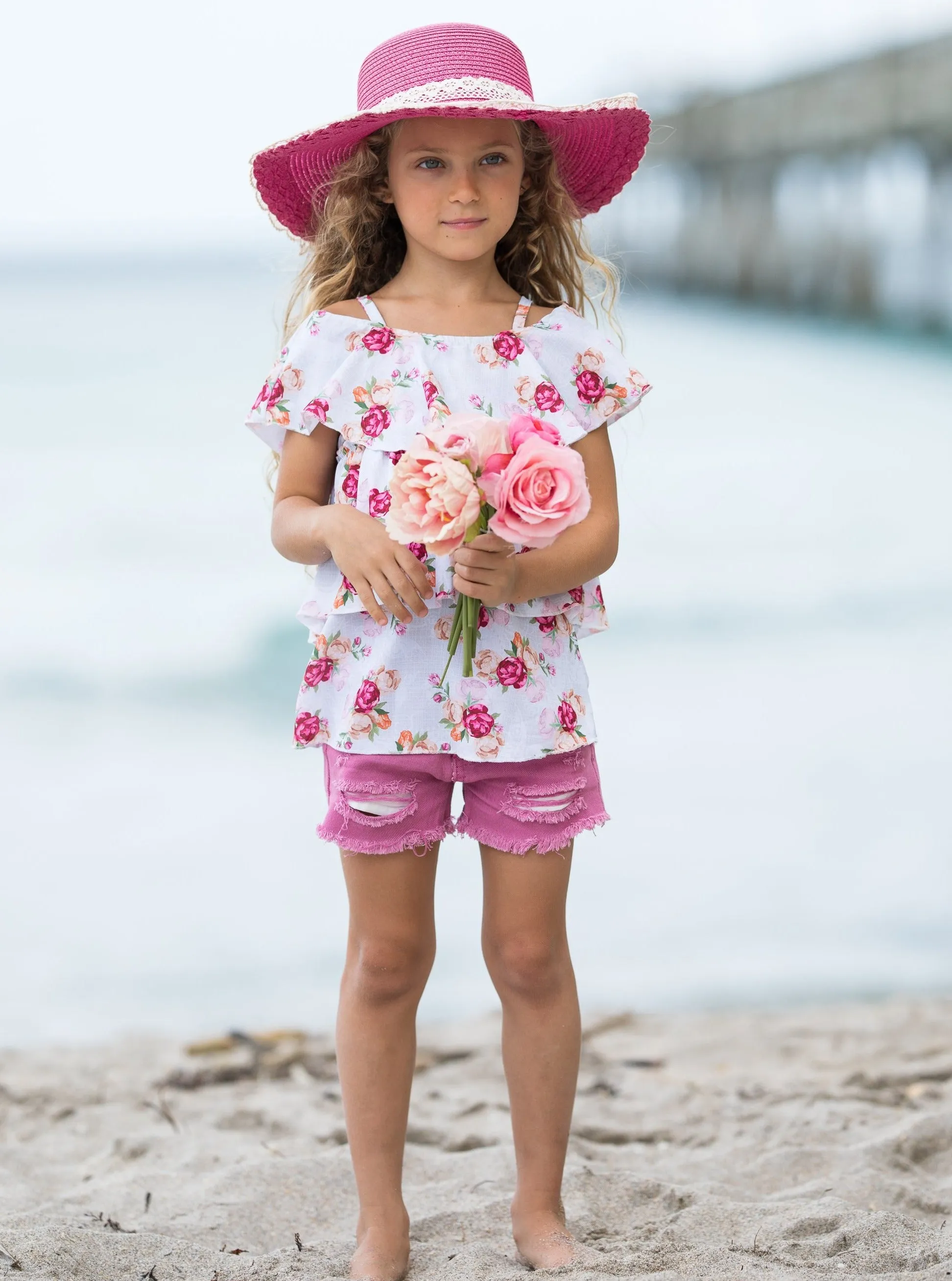 Girls Flower Blossom Ruffled Top and Denim Short Set