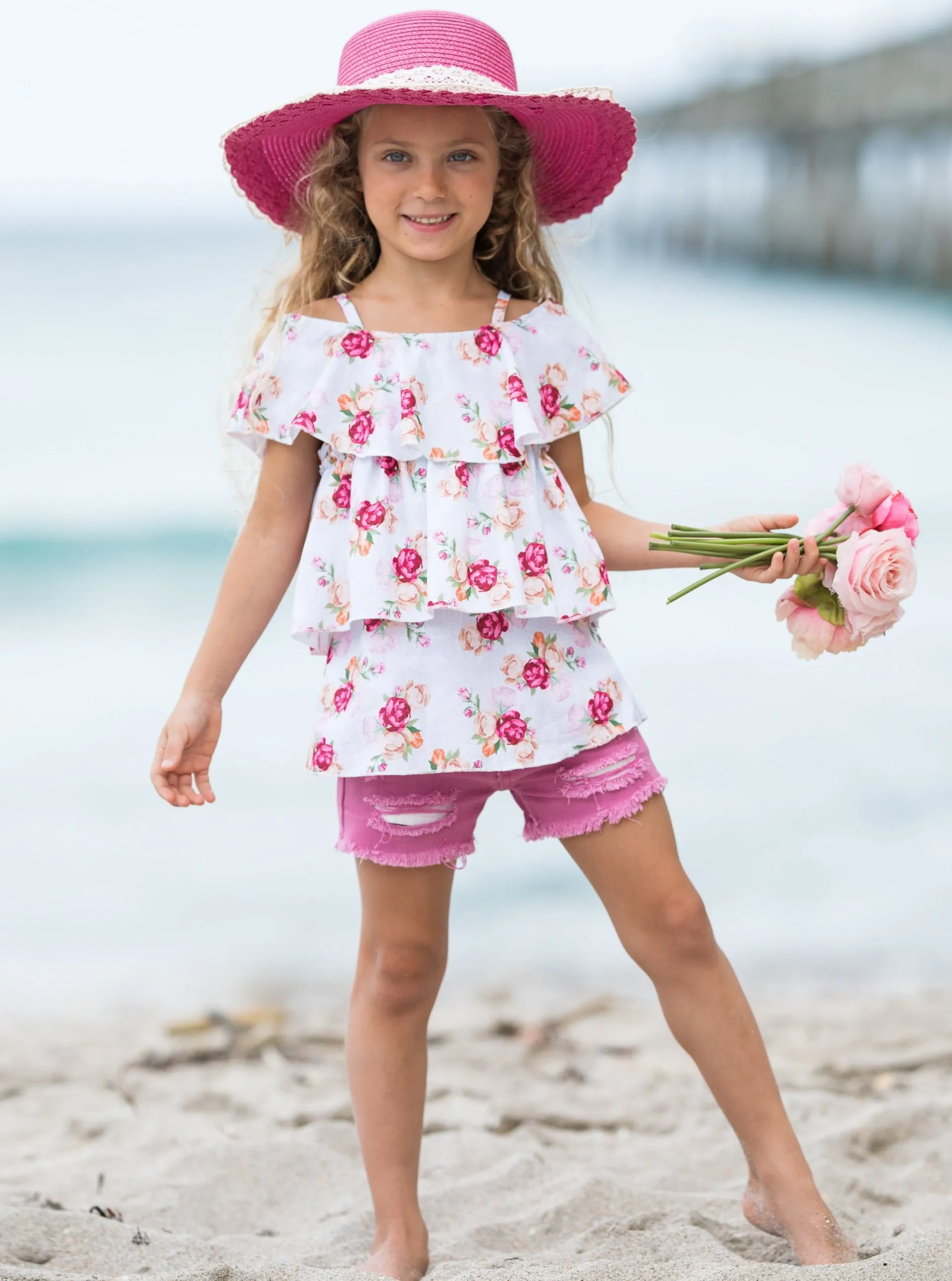 Girls Flower Blossom Ruffled Top and Denim Short Set