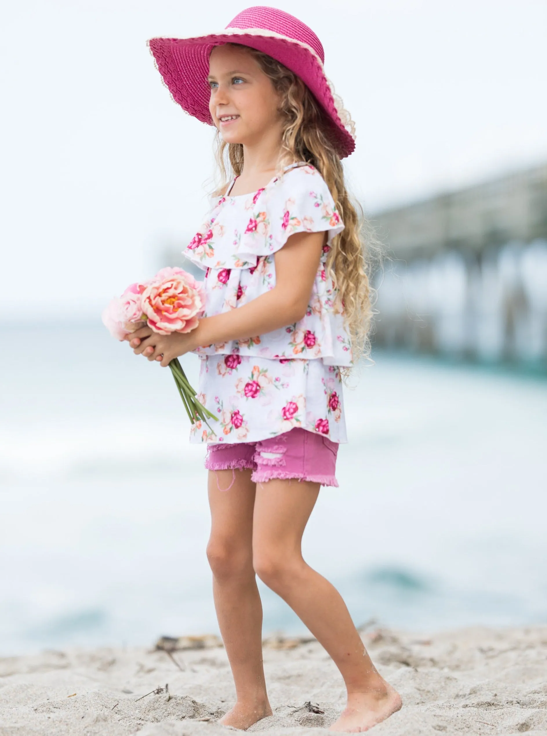 Girls Flower Blossom Ruffled Top and Denim Short Set