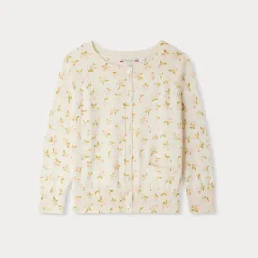 Girls Light Yellow Floral Embroidered Cotton Cardigan
