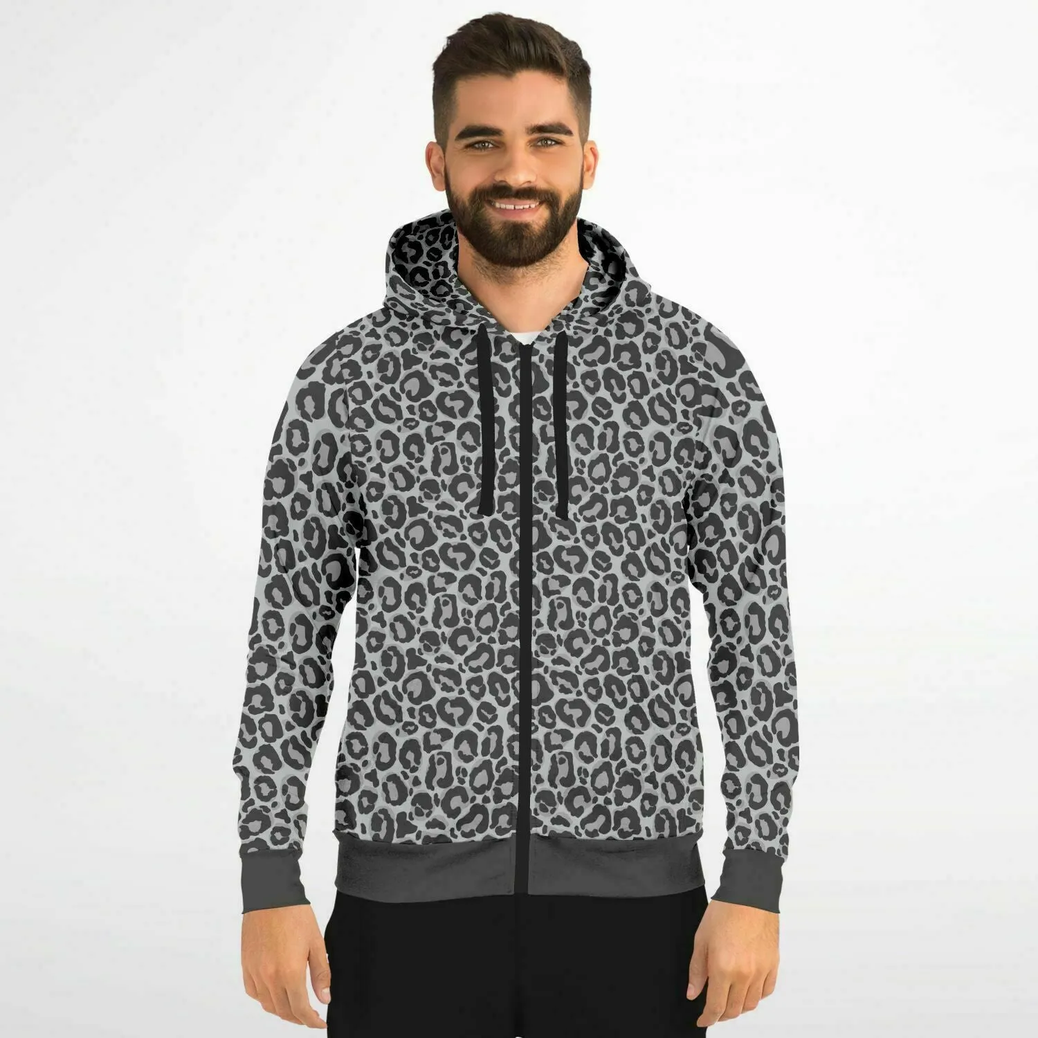 Grey Leopard Zip Up Hoodie, Animal Print Front Zipper Pocket Men Women Unisex Adult Aesthetic Cotton Fleece Hooded Sweatshirt