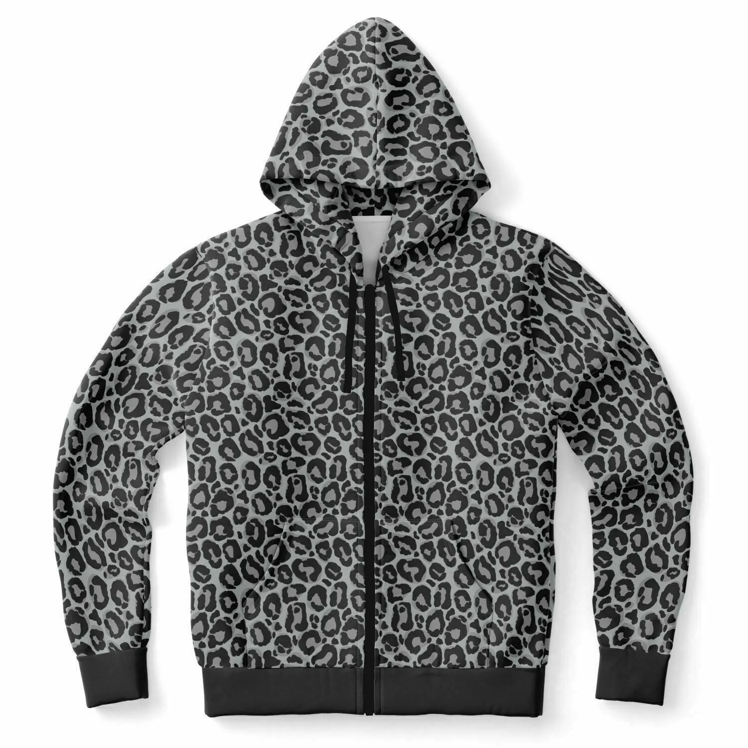 Grey Leopard Zip Up Hoodie, Animal Print Front Zipper Pocket Men Women Unisex Adult Aesthetic Cotton Fleece Hooded Sweatshirt
