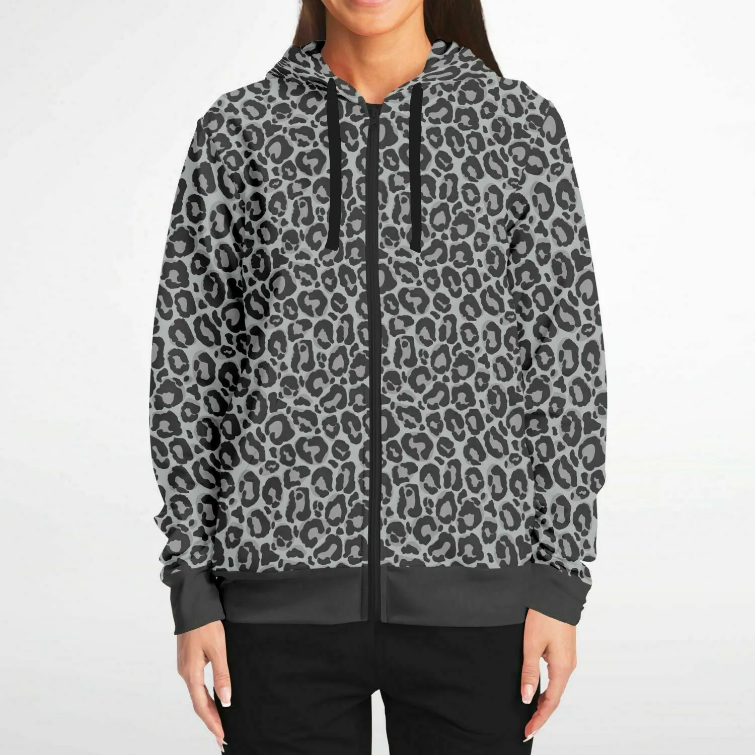 Grey Leopard Zip Up Hoodie, Animal Print Front Zipper Pocket Men Women Unisex Adult Aesthetic Cotton Fleece Hooded Sweatshirt