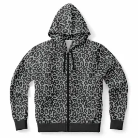 Grey Leopard Zip Up Hoodie, Animal Print Front Zipper Pocket Men Women Unisex Adult Aesthetic Cotton Fleece Hooded Sweatshirt