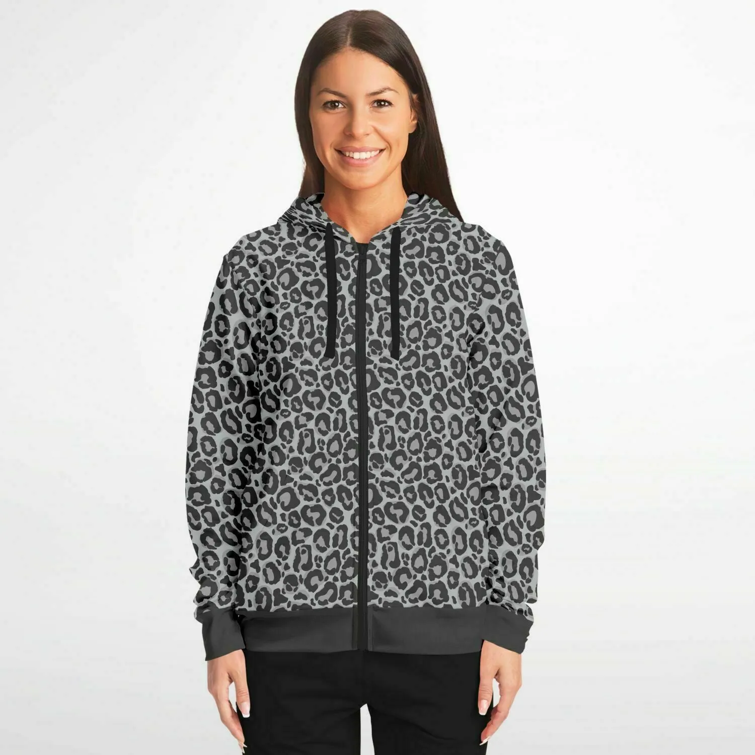 Grey Leopard Zip Up Hoodie, Animal Print Front Zipper Pocket Men Women Unisex Adult Aesthetic Cotton Fleece Hooded Sweatshirt