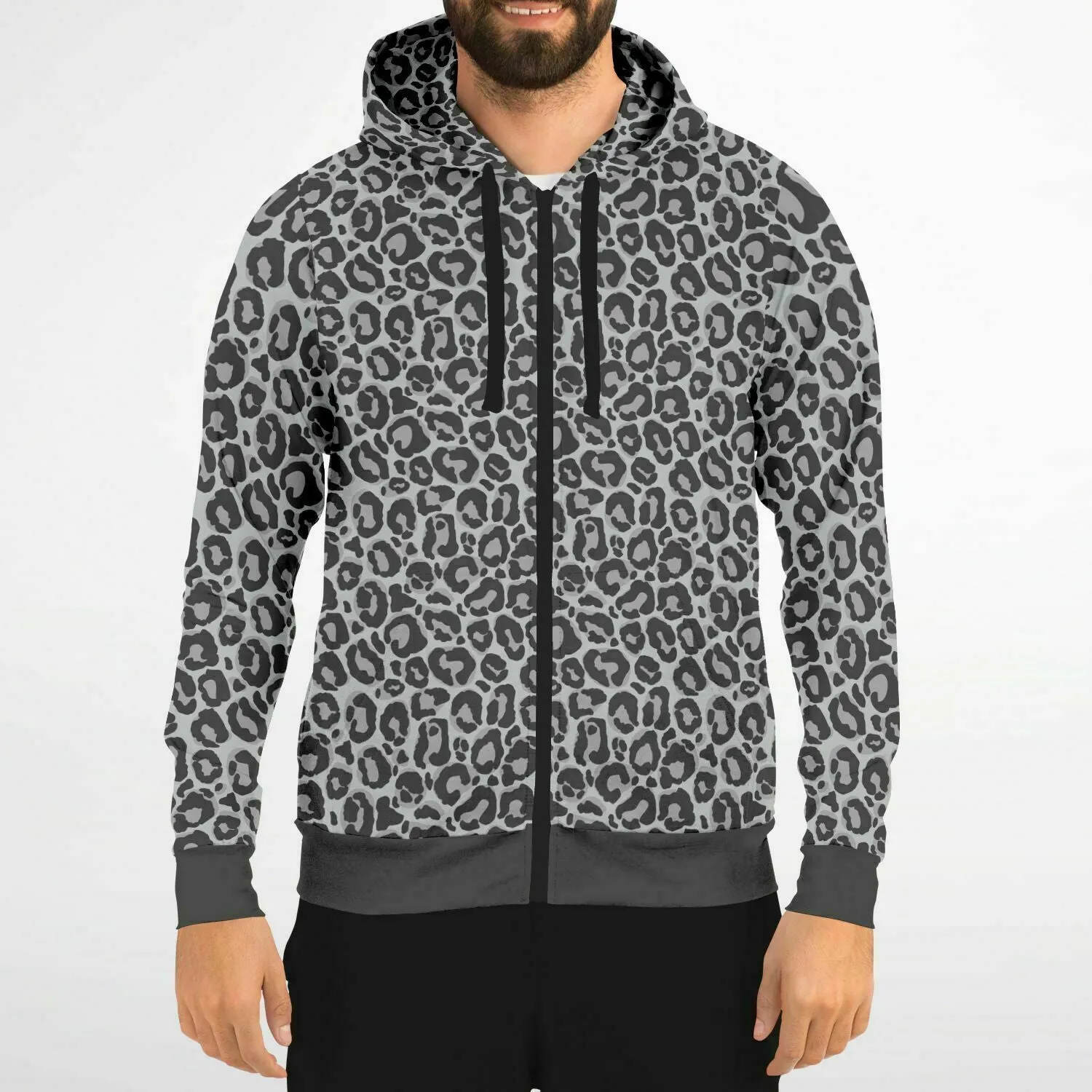 Grey Leopard Zip Up Hoodie, Animal Print Front Zipper Pocket Men Women Unisex Adult Aesthetic Cotton Fleece Hooded Sweatshirt