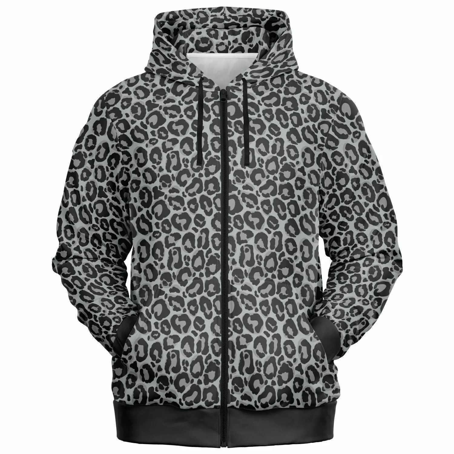 Grey Leopard Zip Up Hoodie, Animal Print Front Zipper Pocket Men Women Unisex Adult Aesthetic Cotton Fleece Hooded Sweatshirt