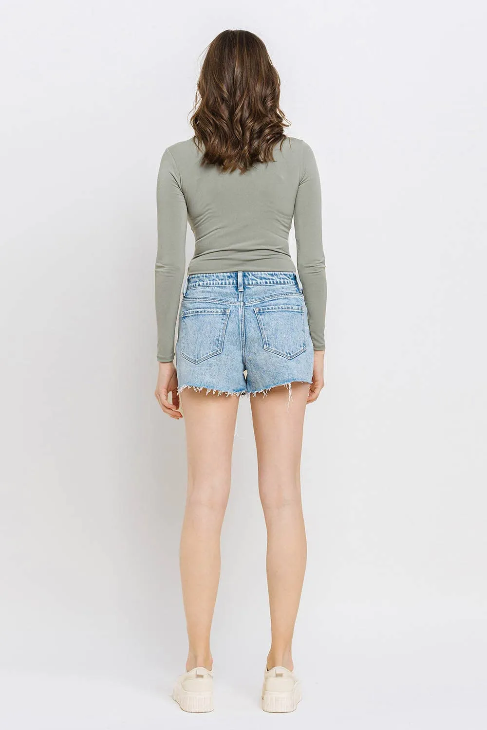 HIGH RISE RAW DISTRESSED HEM  SHORTS T6361: CYNICAL BLUE / L