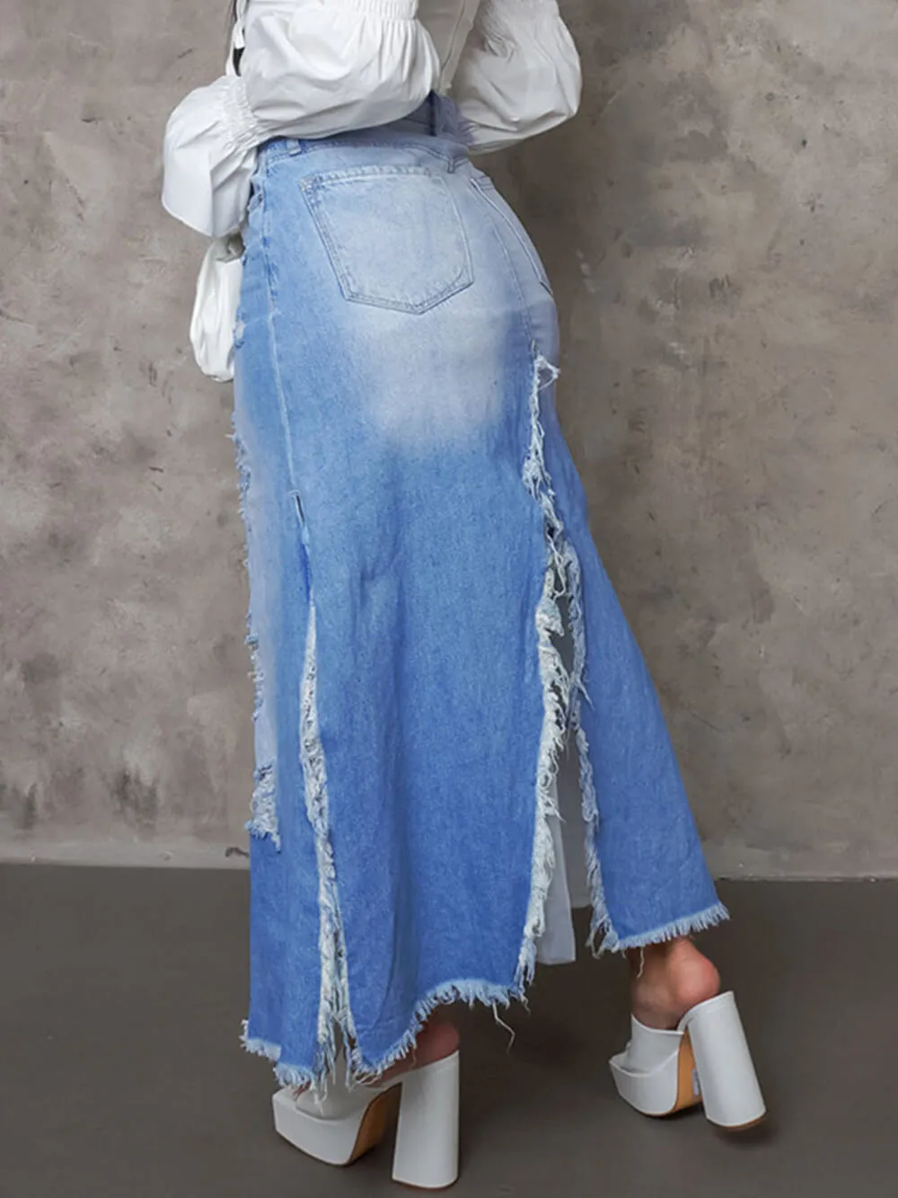 High Waist Frayed Slit Denim Skirt