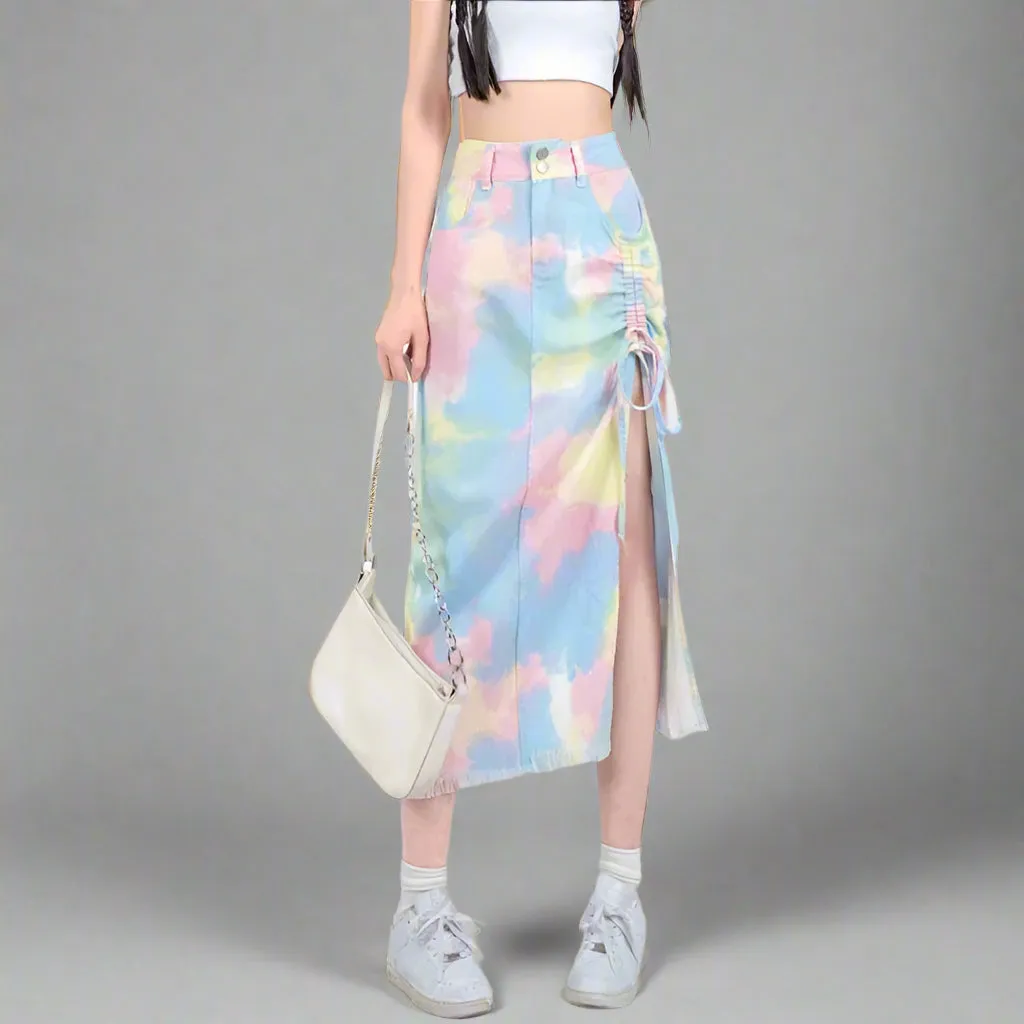 High Waist Multicolour Tie-Dye Skirt - Women's Streetwear A-Line Denim
