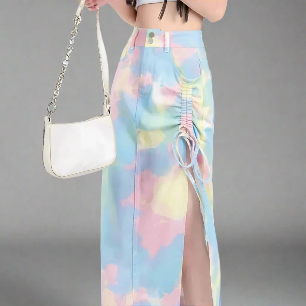 High Waist Multicolour Tie-Dye Skirt - Women's Streetwear A-Line Denim