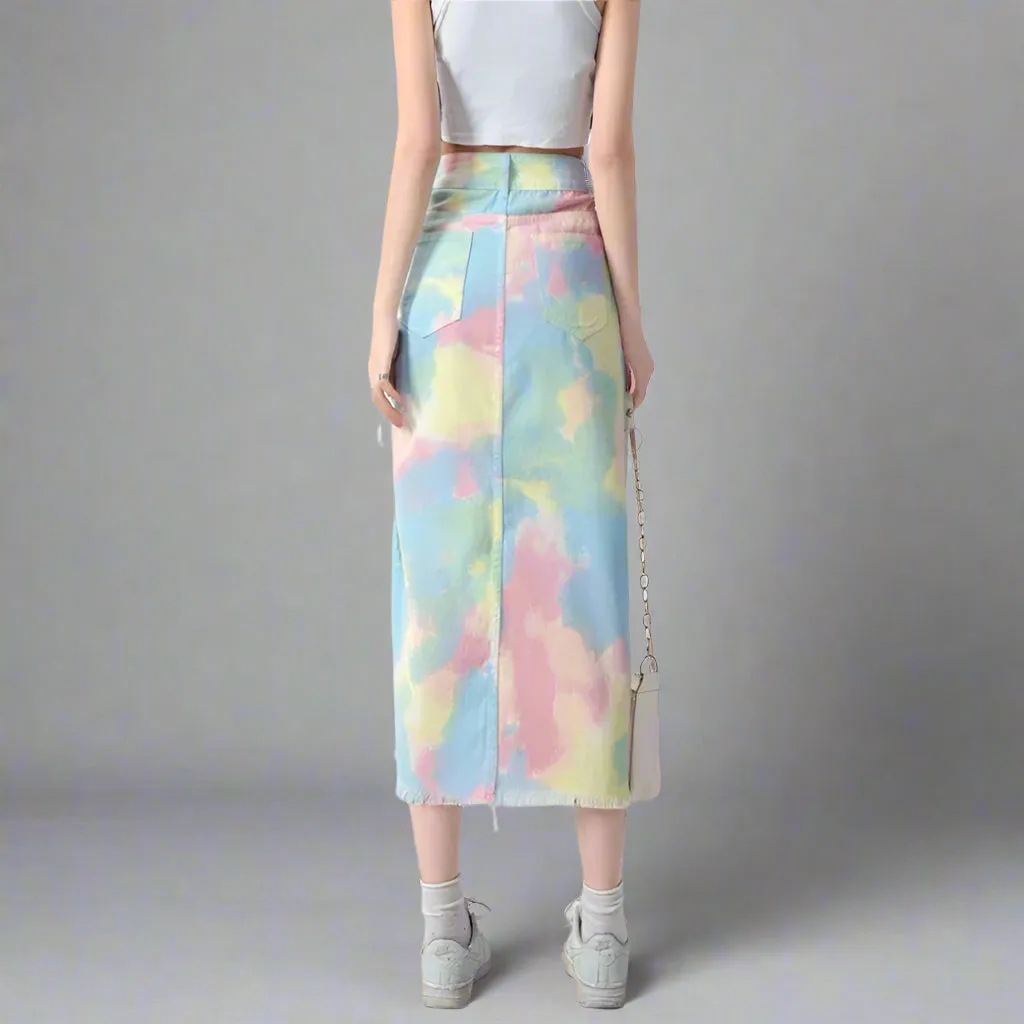 High Waist Multicolour Tie-Dye Skirt - Women's Streetwear A-Line Denim
