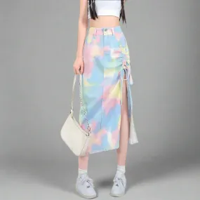 High Waist Multicolour Tie-Dye Skirt - Women's Streetwear A-Line Denim