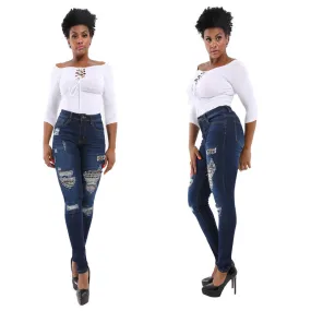 High Waist Stretch Ripped Skinny Denim Pants