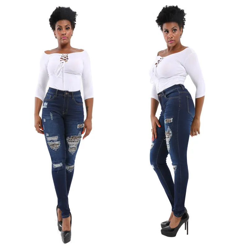 High Waist Stretch Ripped Skinny Denim Pants