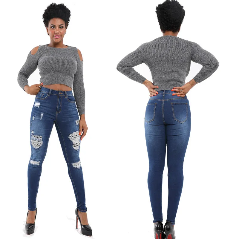 High Waist Stretch Ripped Skinny Denim Pants