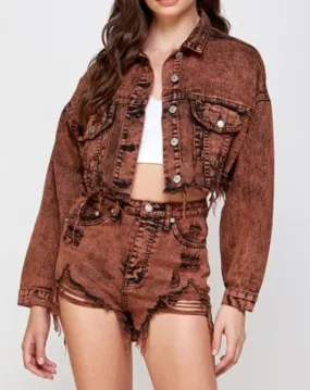 Jean Cropped Drop Shoulder Distressed Hem Acid Wash Denim Jacket