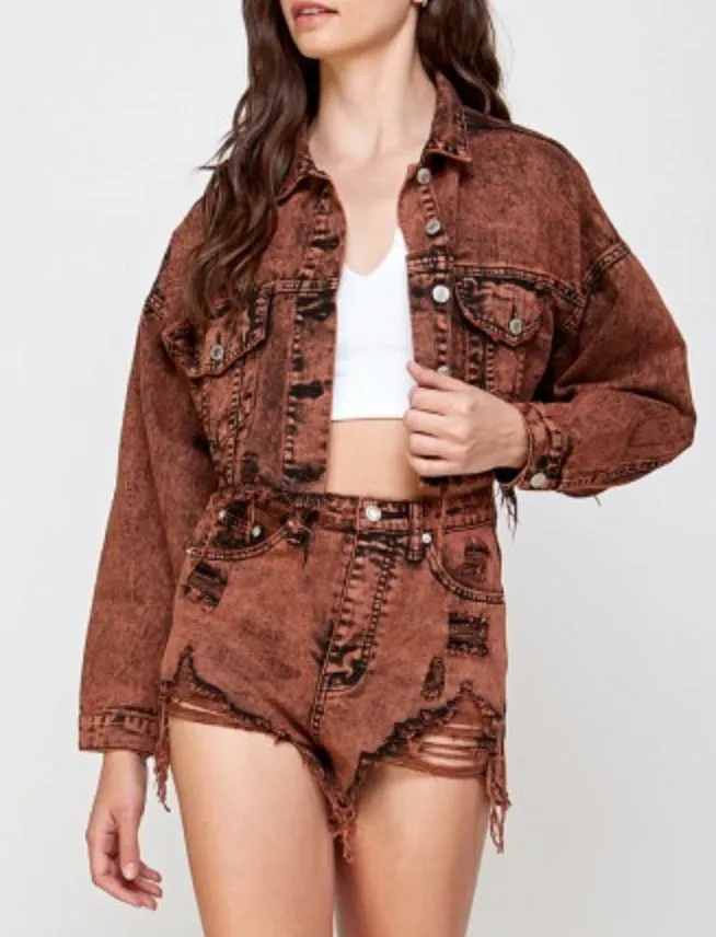 Jean Cropped Drop Shoulder Distressed Hem Acid Wash Denim Jacket