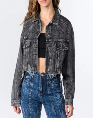 Jean Cropped Drop Shoulder Distressed Hem Acid Wash Denim Jacket