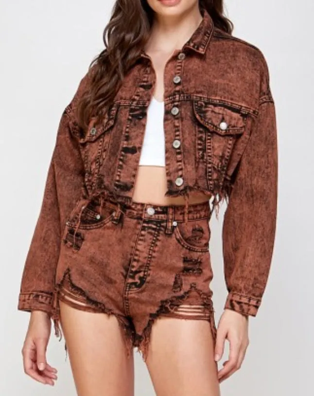 Jean Cropped Drop Shoulder Distressed Hem Acid Wash Denim Jacket