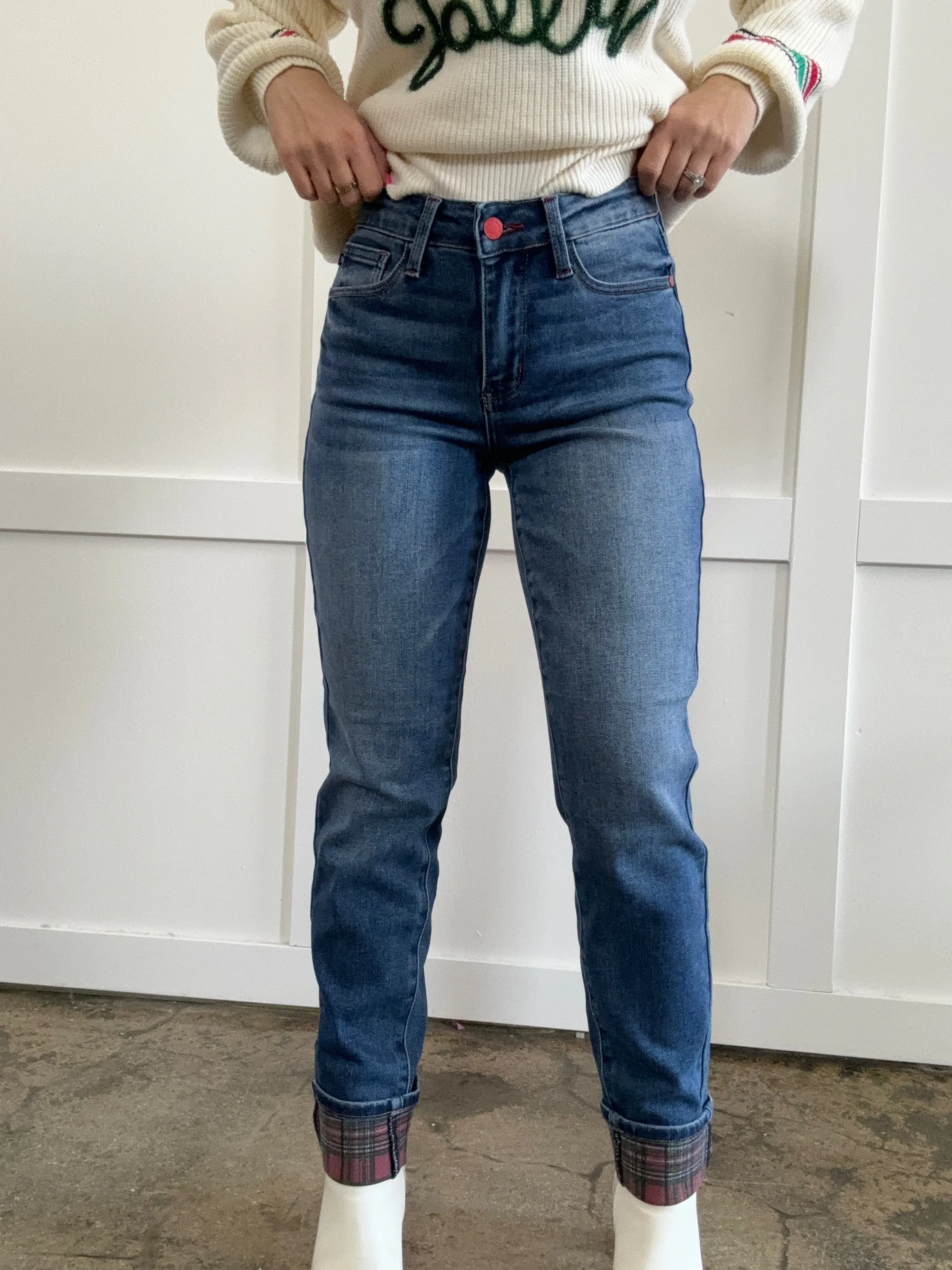 Judy Blue Denim and Plaid Straight Leg Jeans