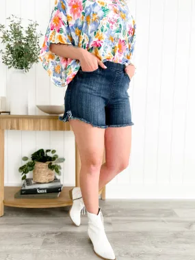 Judy Blue Stretch City Dark Wash Pull On Shorts With Frayed Dolphin Hem