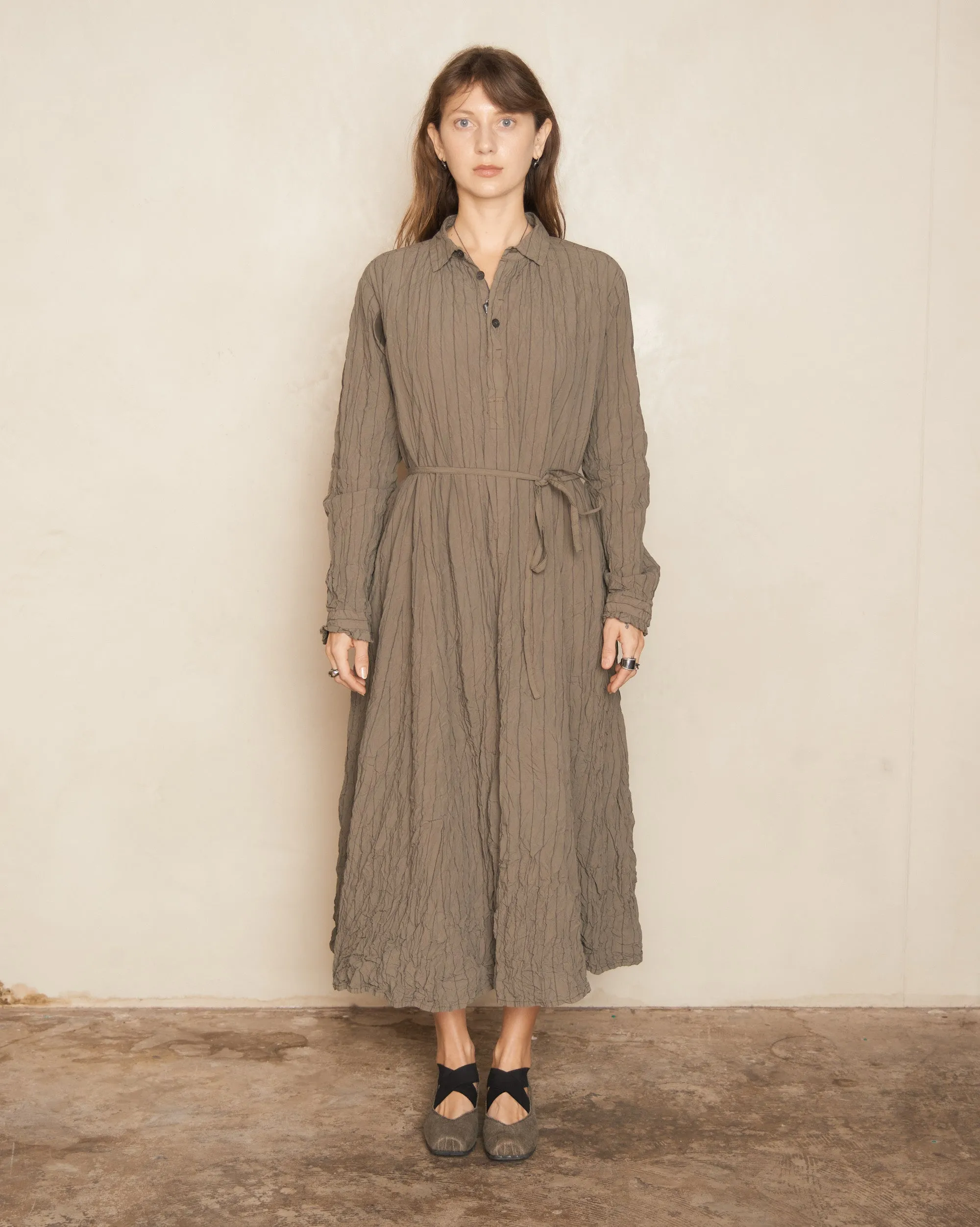 Khaki Grey Stripe Crinkle Dress