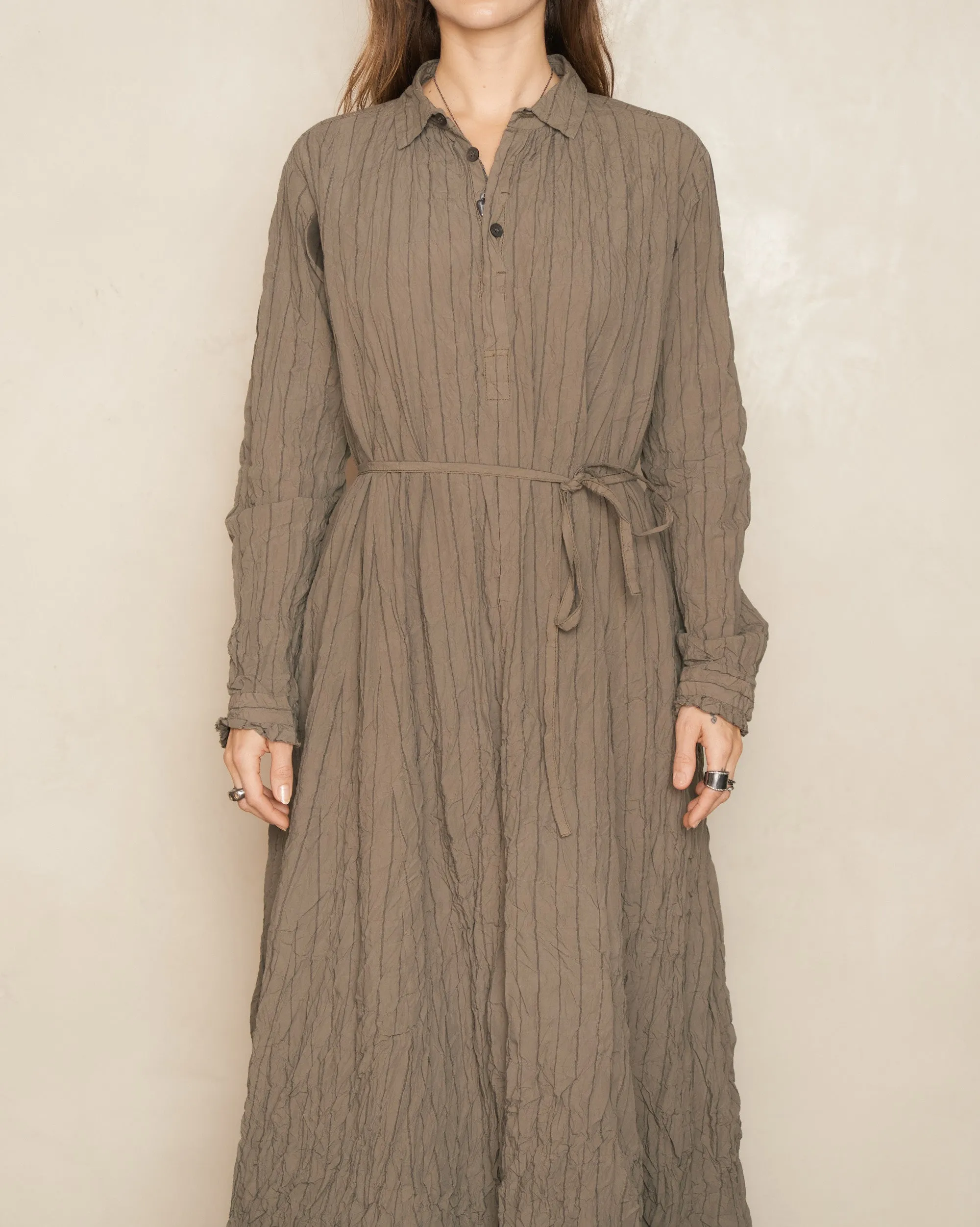 Khaki Grey Stripe Crinkle Dress