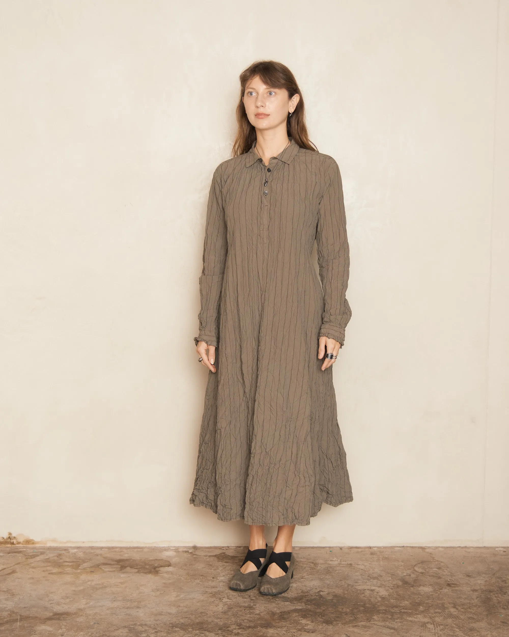 Khaki Grey Stripe Crinkle Dress
