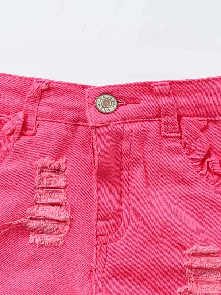 Kids Pink Distressed Ruffle Denim Shorts