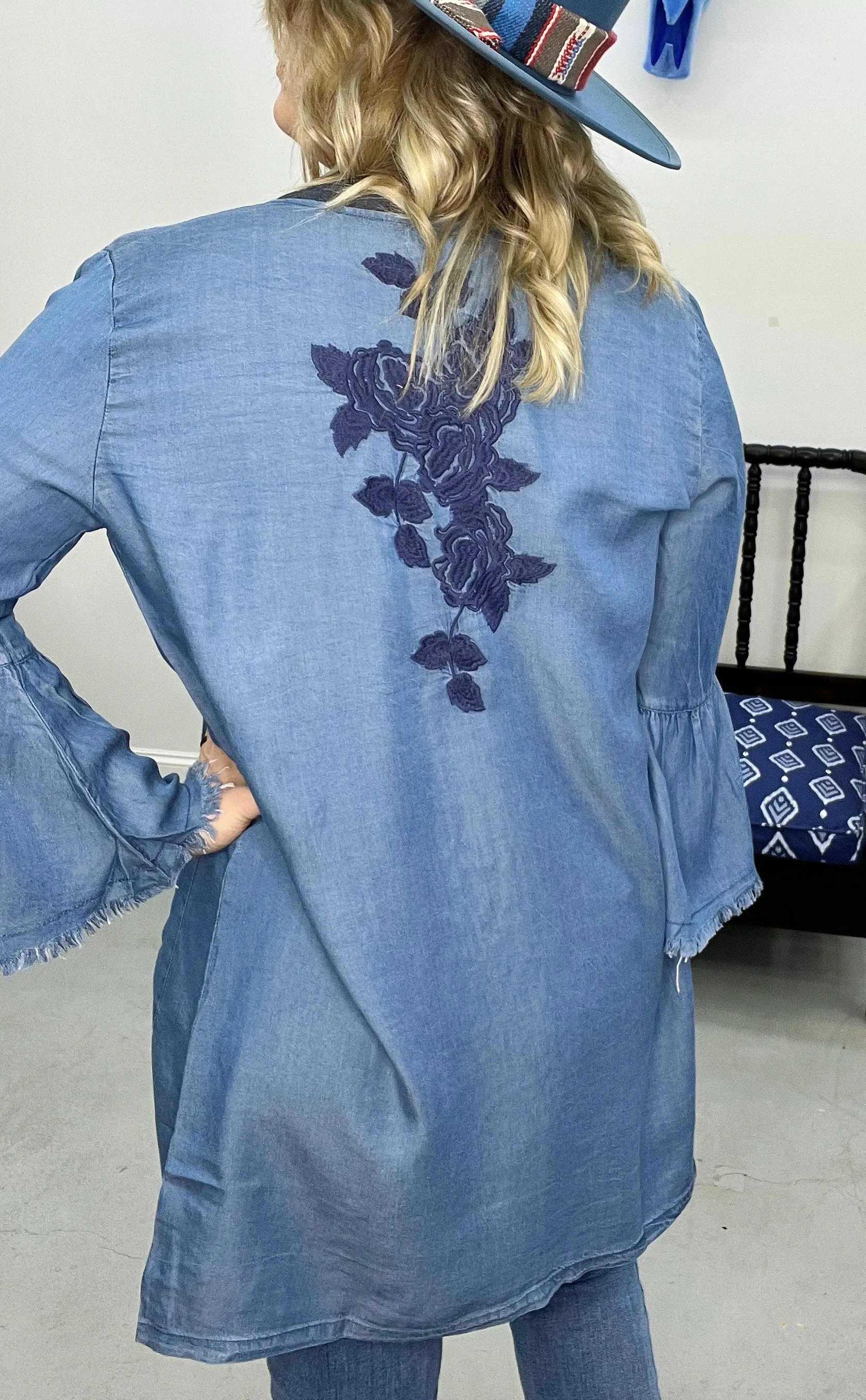 Last Call Botanic Embroidered Denim Cardigan