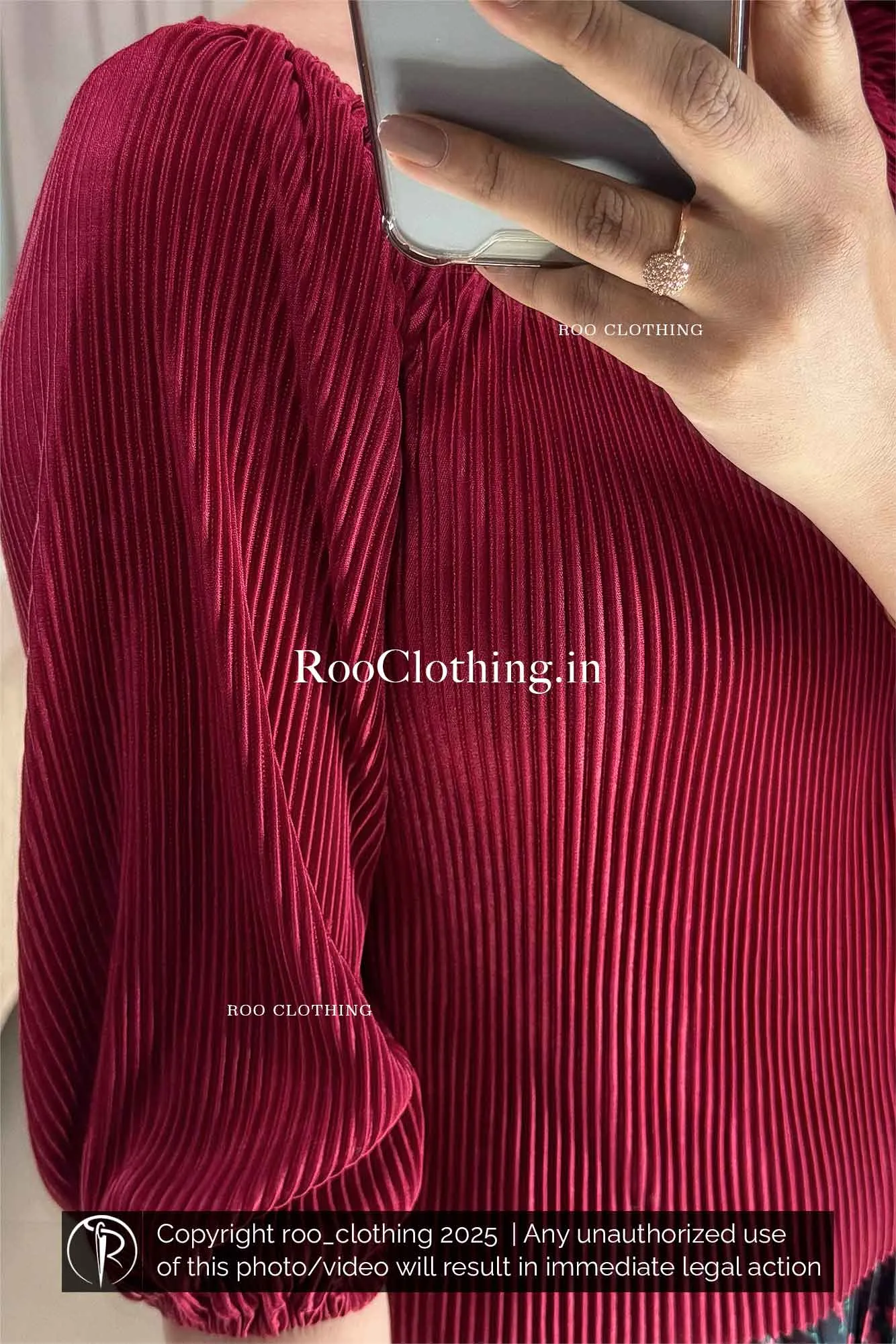 Micro Pleated Maroon Shade Elastic Neckline Top Only
