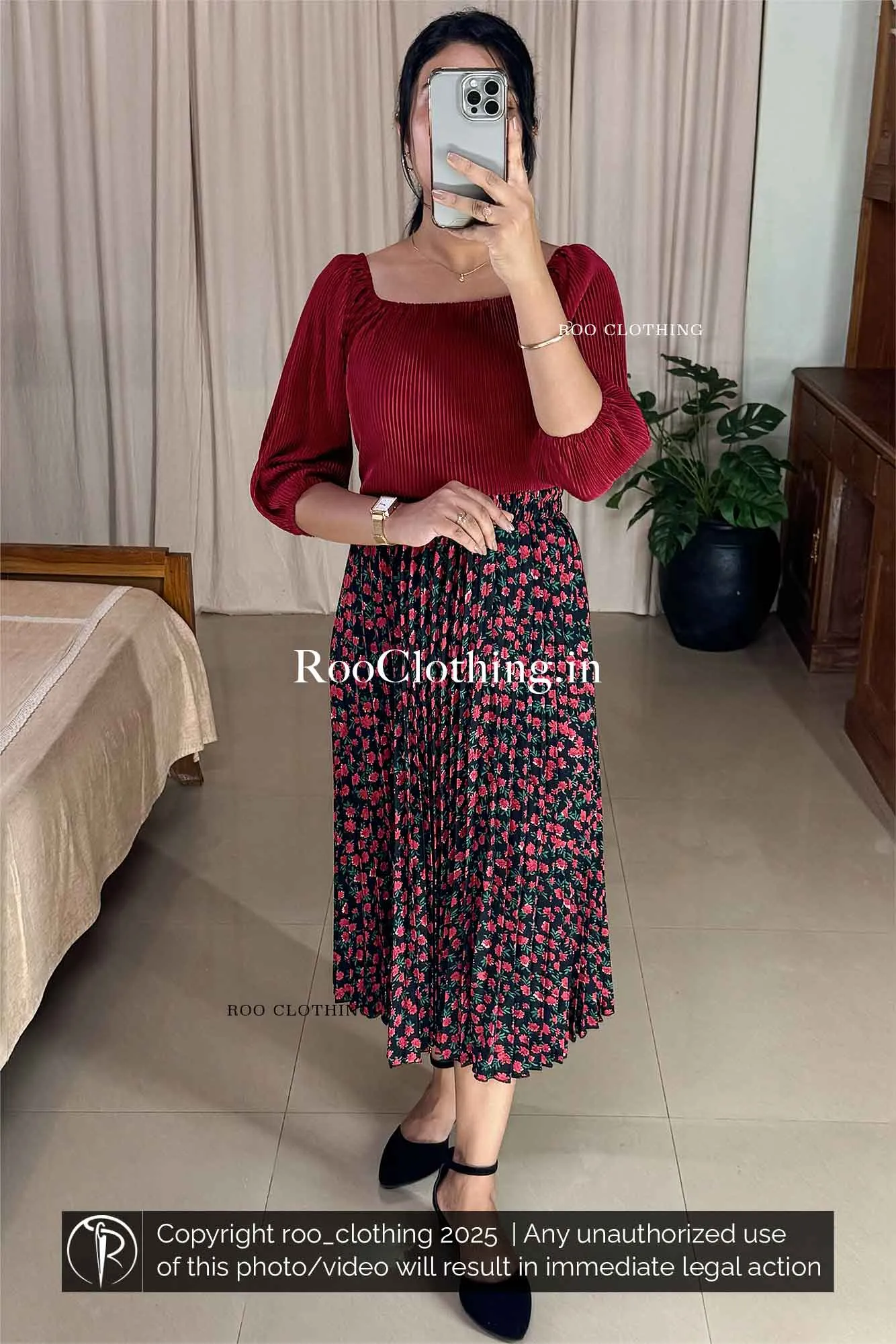 Micro Pleated Maroon Shade Elastic Neckline Top Only