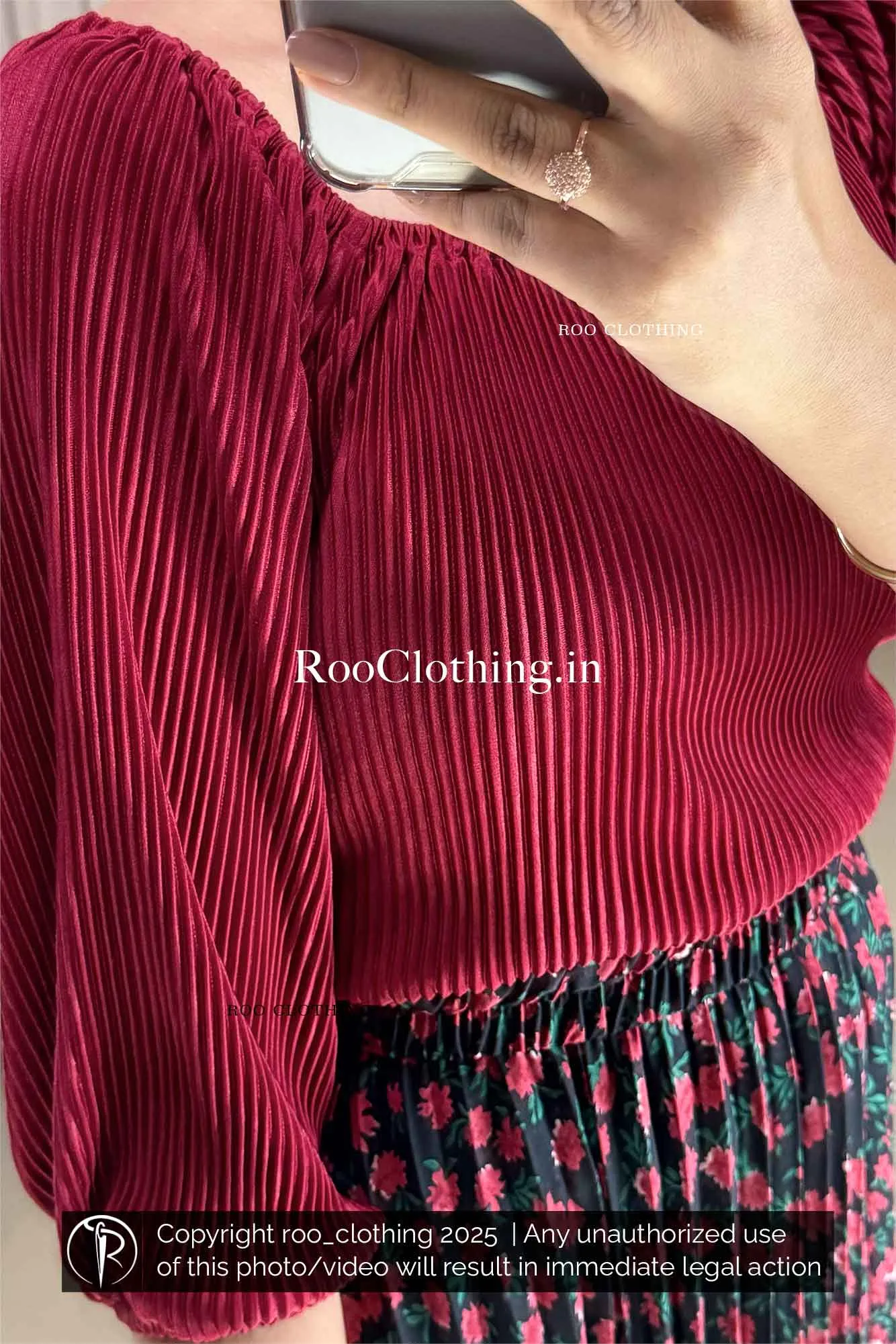 Micro Pleated Maroon Shade Elastic Neckline Top Only