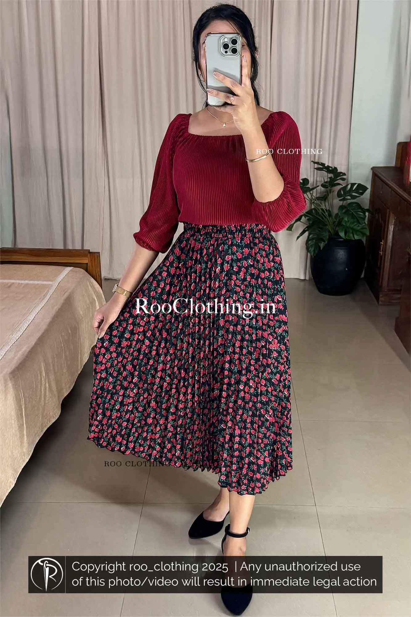 Micro Pleated Maroon Shade Elastic Neckline Top Only