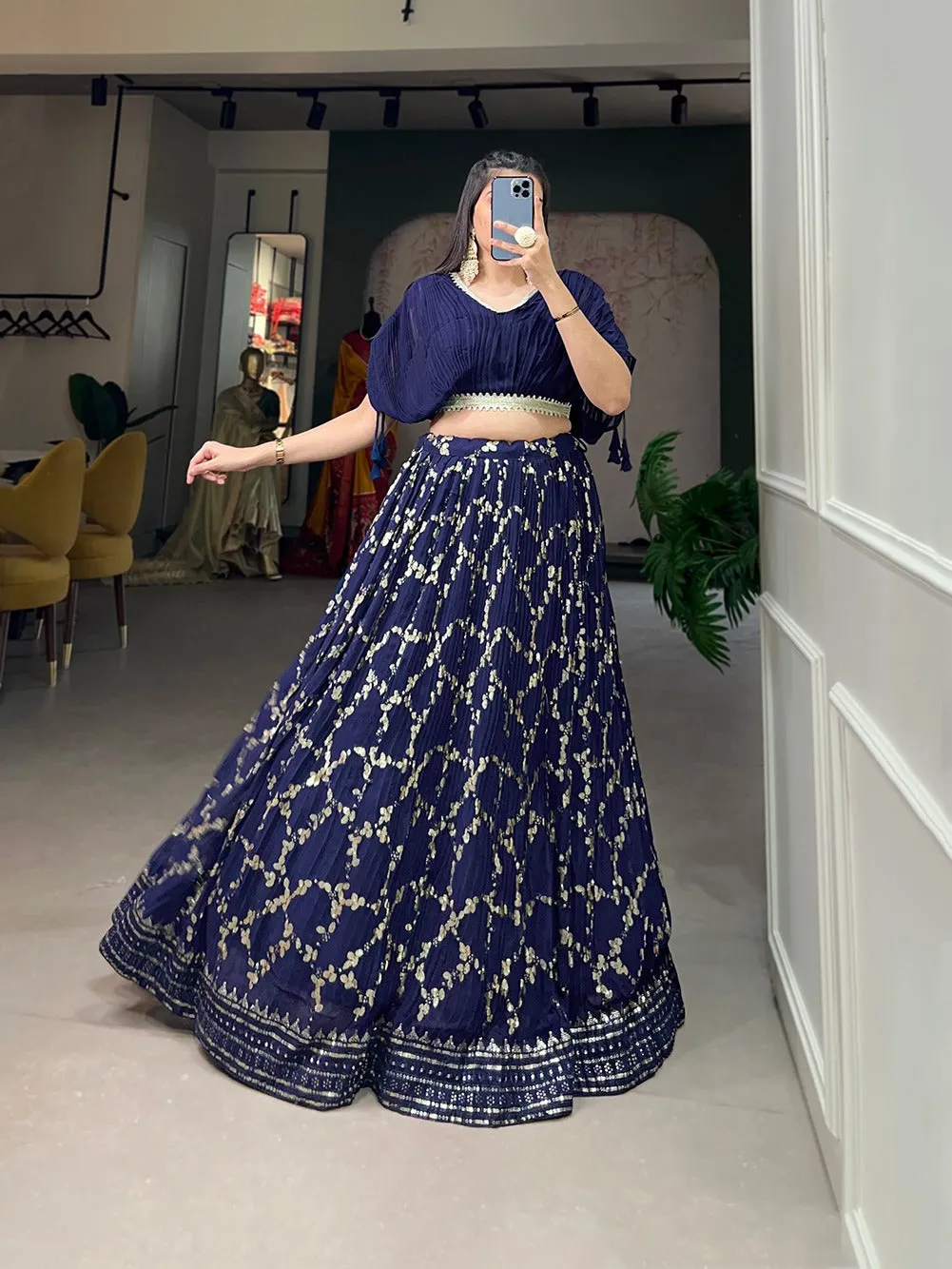 Navy Blue Crushed Georgette Lehenga Choli Set with Sequin Embroidery