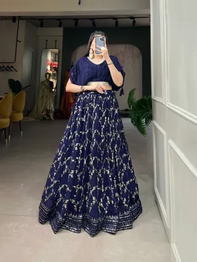 Navy Blue Crushed Georgette Lehenga Choli Set with Sequin Embroidery