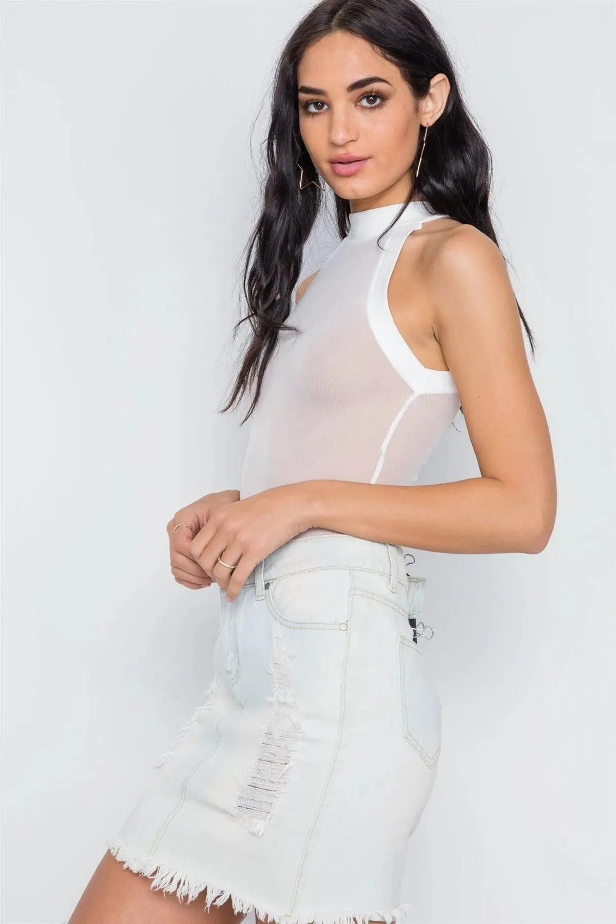 Off-White Mash Sheer Mock Neck Sleeveless Bodysuit /3-2-1