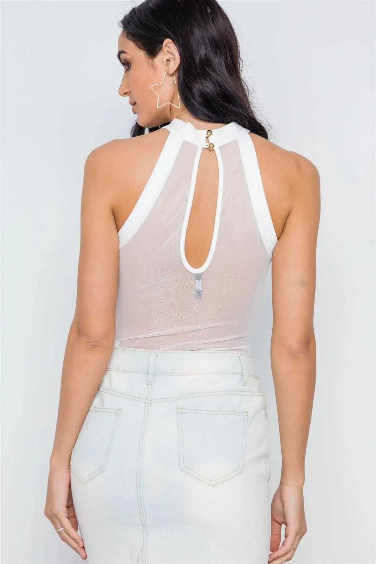 Off-White Mash Sheer Mock Neck Sleeveless Bodysuit /3-2-1