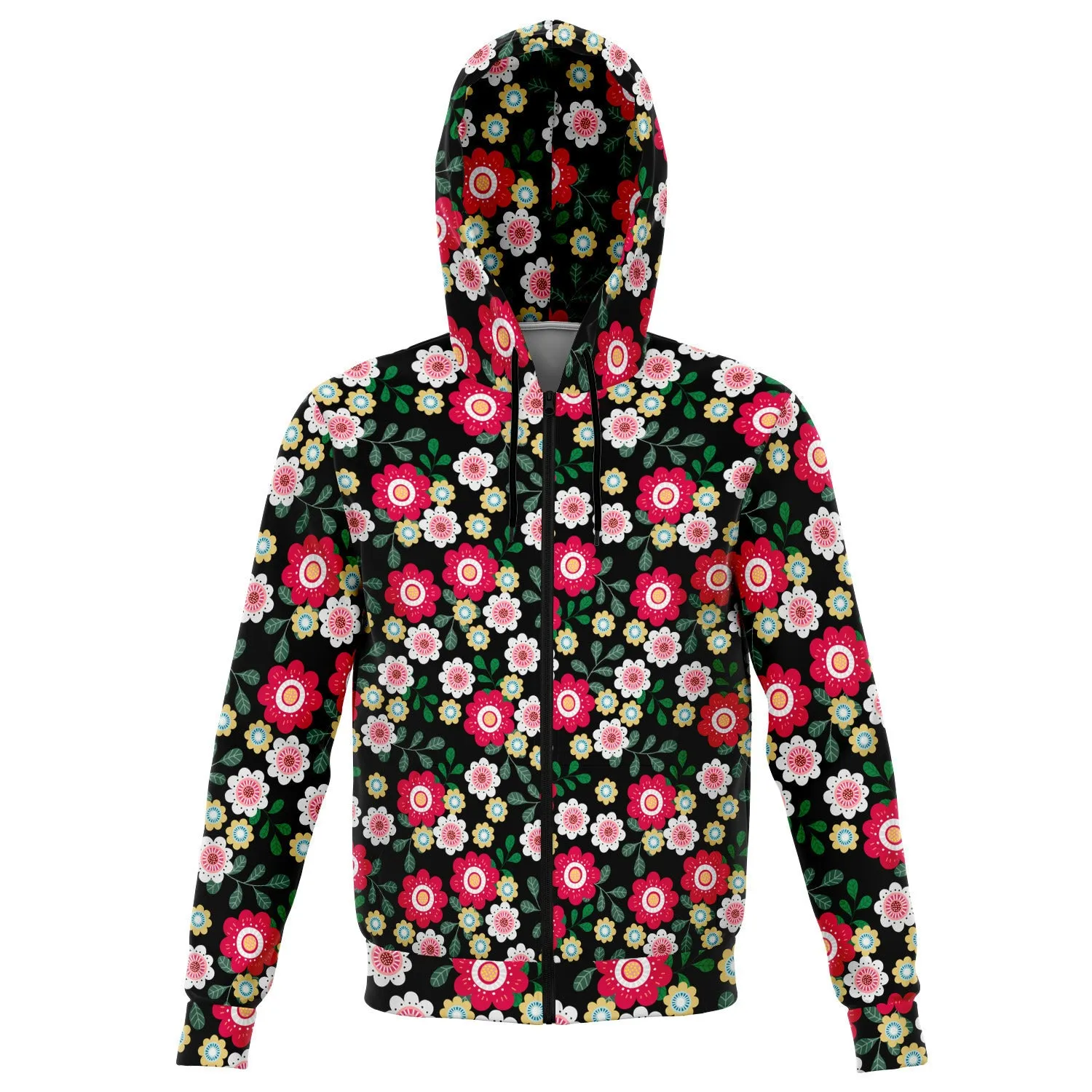 Pink Flowers Zip Up Hoodie, Floral Front Zip Pocket Men Women Adult Aesthetic Graphic Cotton Hooded Sweatshirt